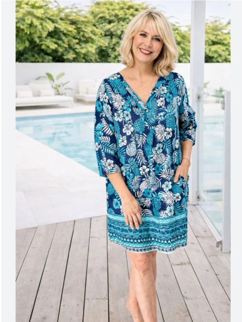 West Indies Wear Pina Colada Dress Women’s Navy Blue Floral Pinapple Sz 2XL
